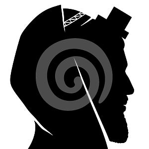 Black silhouette of Jewish praying man with Kippah, Tallit, and Tefillin on his head, flat style vector illustration.