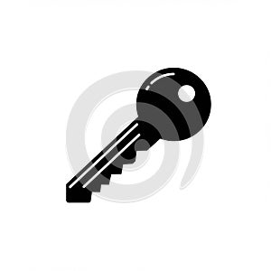 A black silhouette of a key on a white background. The design