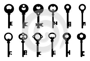 Black silhouette keys set isolated on white background. Vector illustration for any design