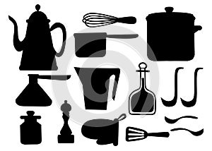 Black silhouette. Kitchen utensils set. Kitchenware, cookware, kitchen tools collection. Modern kitchen utensil icons in arabic