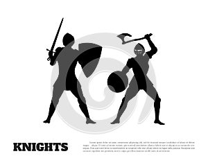 Black silhouette of knight battle on white background. Icon of medieval soldiers photo