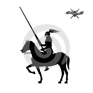 Black silhouette of knight on white background. Detailed image of rider with spear and armor.