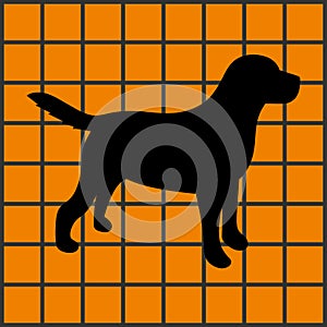 Black silhouette of a Labrador on a orange background. Vector illustration.