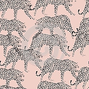 Black silhouette leopard pattern seamless pink background