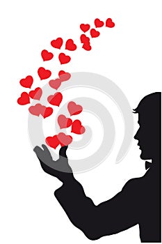 A black silhouette of a magician making red hearts come out of his hand