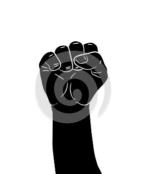 Black silhouette of a male rising fist on a white background with white lines defining fingers and thumb. Symbol of