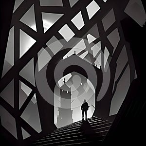 Black silhouette of a man in an abandoned building on gloomy background