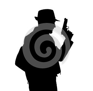 Black silhouette of man with gun on white background