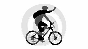 Black silhouette of man in helmet with backpack riding a sport bicycle and waving hand, isolated on white background