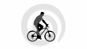 Black silhouette of man model in casual clothing riding a sport city bicycle isolated on white background alpha channel.