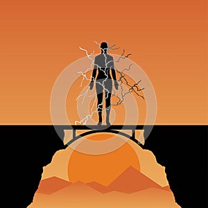 Black silhouette of a man standing on a bridge with lightning symbol around his body