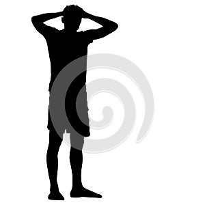 Black silhouette man standing holding hands on head, people on white background