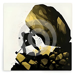 Black silhouette of a man supporting a large boulder on white background