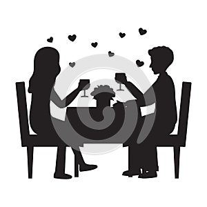 Black Silhouette of Man and woman are in the restaurant on the romantic date. Couple in love. People sitting at the