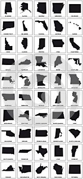 Black silhouette maps of 50 us states