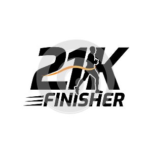 Black silhouette marathon run event finisher logo template with running people illustration, 21K marathon