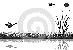 The black silhouette of marsh grass with flying ducks is reflected in the water.