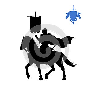 Black silhouette of medieval knight with banner . Fantasy warlord character. Games icon of paladin on horse