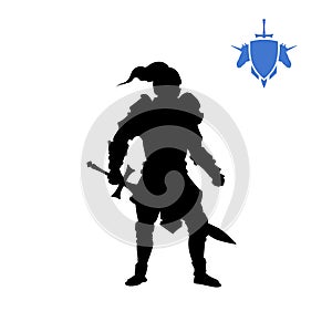 Black silhouette of medieval knight. Fantasy character. Games icon of paladin with sword. Isolated drawing of warrior