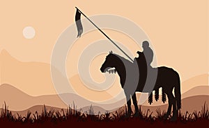 black silhouette of a medieval knight on a horse, against the sky