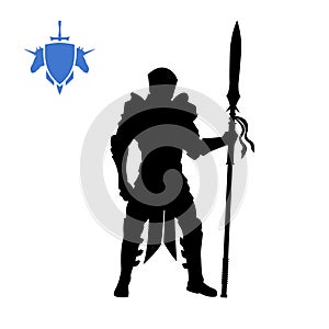 Black silhouette of medieval knight with spear . Fantasy character. Games icon of paladin. Isolated drawing of warrior