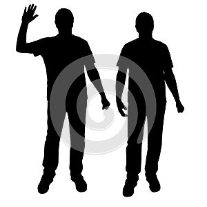Black silhouette men standing, people on white background