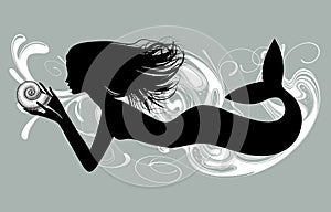 Black silhouette of a mermaid girl with a spiral shell on the abstract background