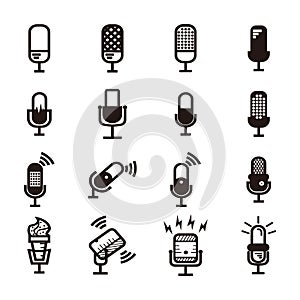 Black silhouette of microphone set - microphone set with lightning and connection sign for broadcast or podcast