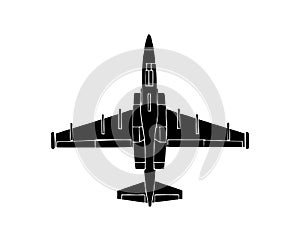 Black silhouette of military aircraft on white background. Fighter jet. Vector illustration.