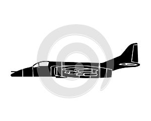 Black silhouette of military aircraft on white background. Fighter jet. Vector illustration.