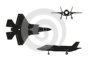 Black silhouette of military aircraft on white background. Top, photo