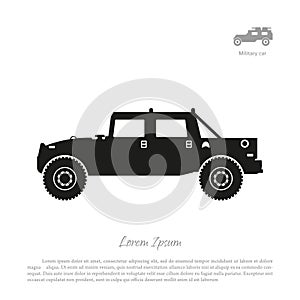 Black silhouette of military car on white background. War SUV in