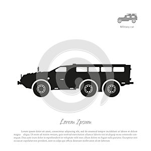 Black silhouette of military car on white background. War SUV in