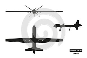 Black silhouette of military drone. Top, front and side view. Army aircraft for intelligence and attack