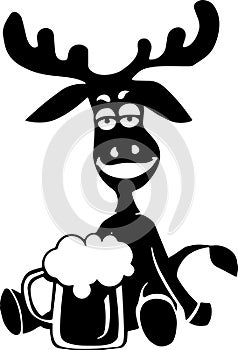 Black silhouette of a moose with a beer on a white background