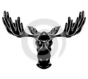 Black silhouette of a moose head with antlers front view with hatching. Wild mammal. Vector outline silhouette