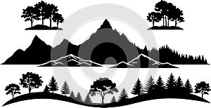 Black Silhouette Mountain Range and Forest Landscape Scene mountains peak