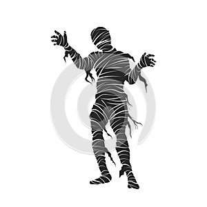 Black silhouette of mummy. Halloween party. Isolated image of scary monster. Mummified zombie on white background
