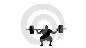 Black silhouette of muscular man squatting with heavy barbell. Bodybuilder doing exercises for buttock, thigh