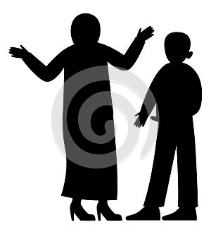 Black silhouette of a Muslim mother scolding her son inside the house, vector