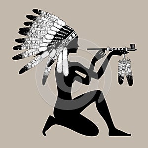 Black silhouette of a naked girl in Native American traditional headdress holding indian smoking pipe