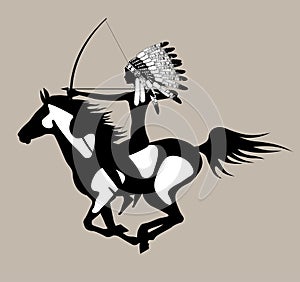 Black silhouette of a naked girl in Native American traditional headdress sitting on a horse shooting from a bow