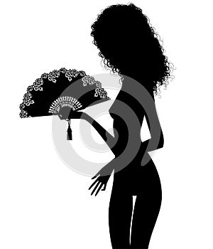Black silhouette of a naked girl with an open fan in her hand isolated on white