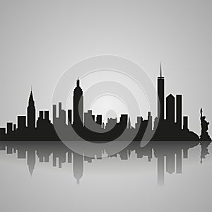 Black silhouette of New York City with reflection. Vector illustration