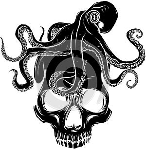 black silhouette of octopus on huma skull. vector illustration on white bacground