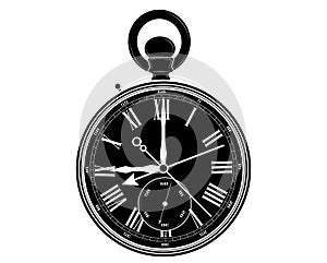 Black silhouette Old clock with stopwatch and Roman numerals. Vector illustration.