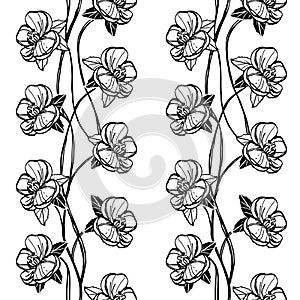 Black silhouette outline buds and blooming flowers leaves seamless pattern , repeatable  texture tile square. scandinavian m