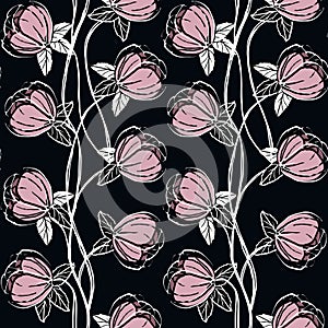 black silhouette outline buds and blooming flowers leaves seamless pattern , repeatable vector texture tile square. scandinavian m