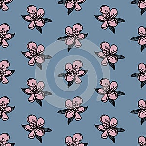 Black silhouette outline buds and blooming flowers leaves seamless pattern , repeatable vector texture tile square. scandinavian m