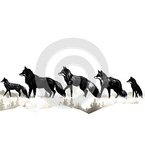 Black silhouette of pack of wolves on white background